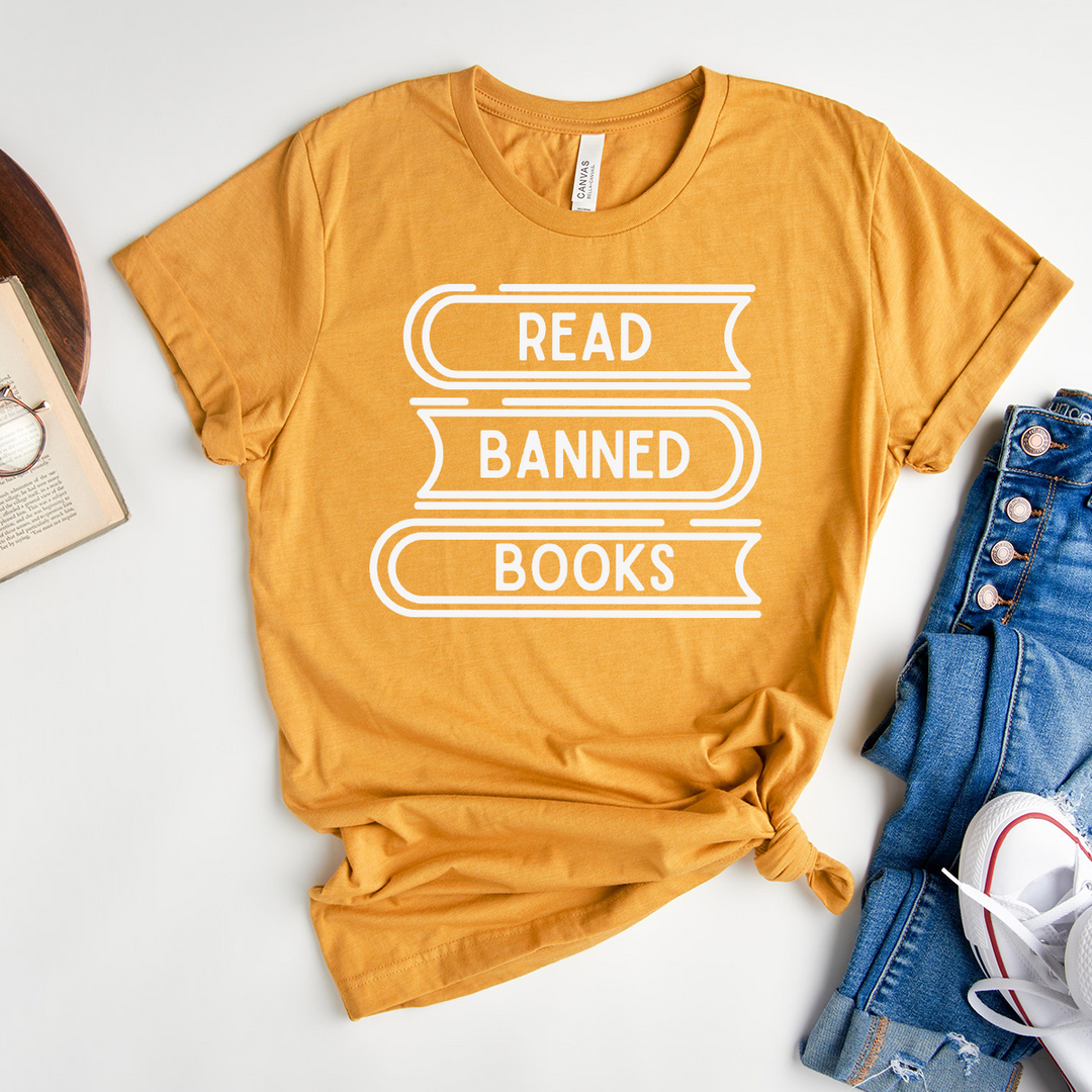 read banned books stack unisex tee