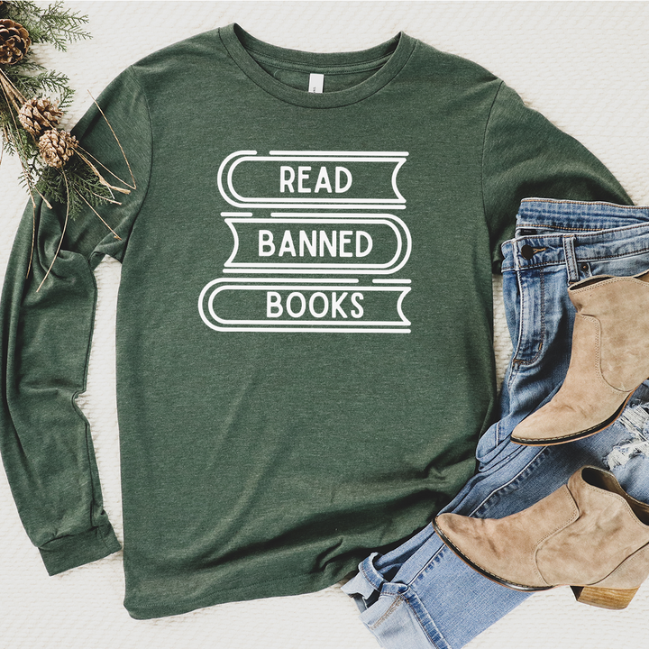 read banned books stack long sleeve unisex tee
