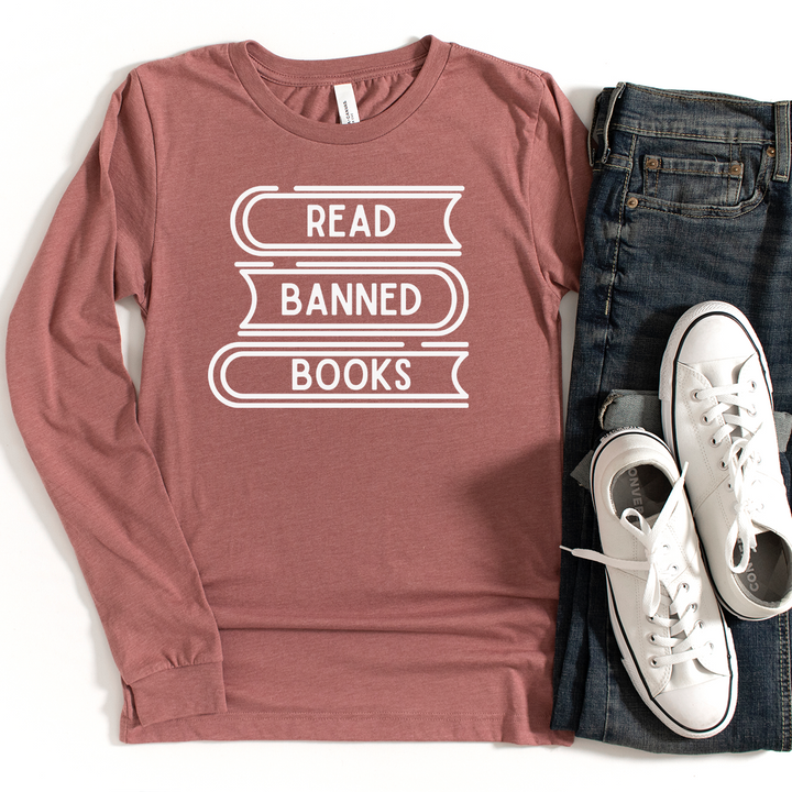 read banned books stack long sleeve unisex tee
